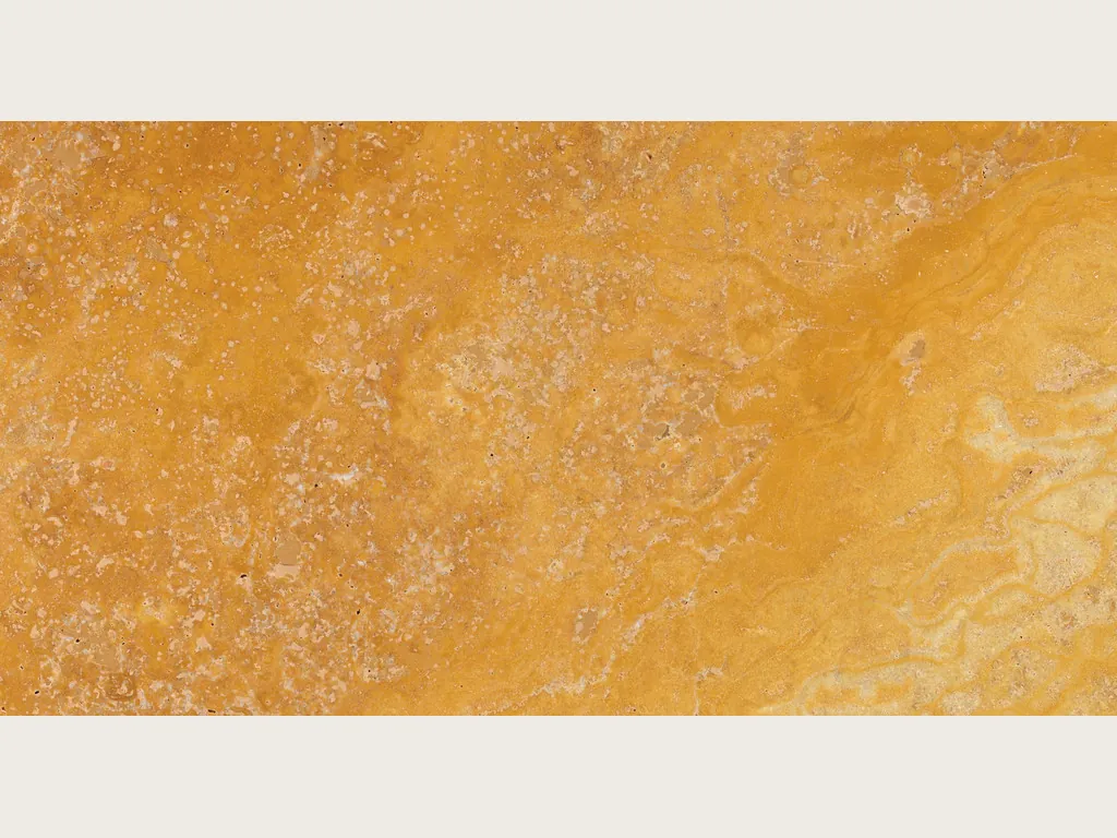 Yellow travertine slab: golden ochre with soft clouds of tone and small pores