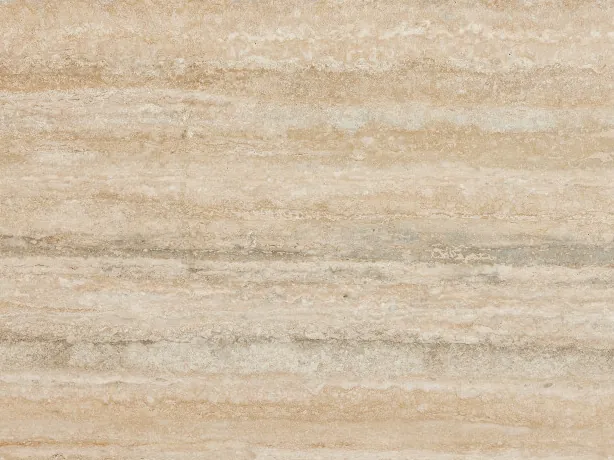 Close-up of gray Ocean Silver travertine: parallel stripes and some pores in the grayish beige