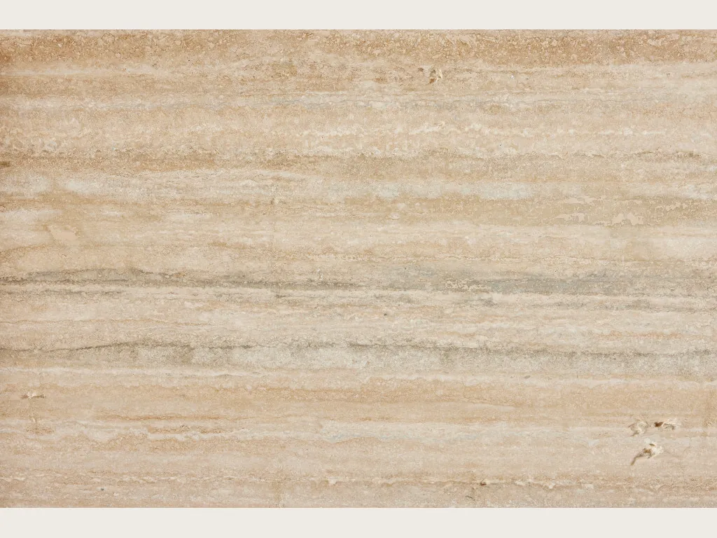 Gray Ocean Silver travertine slab: fine beige and gray horizontal stripes over a grayish beige background