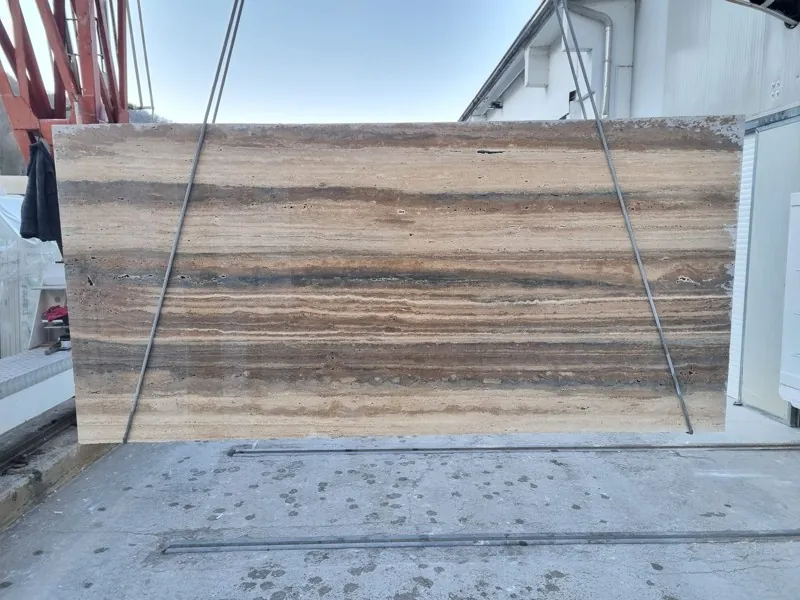 Brown Dark Silver travertine slab with bold dark brown and beige horizontal stripes