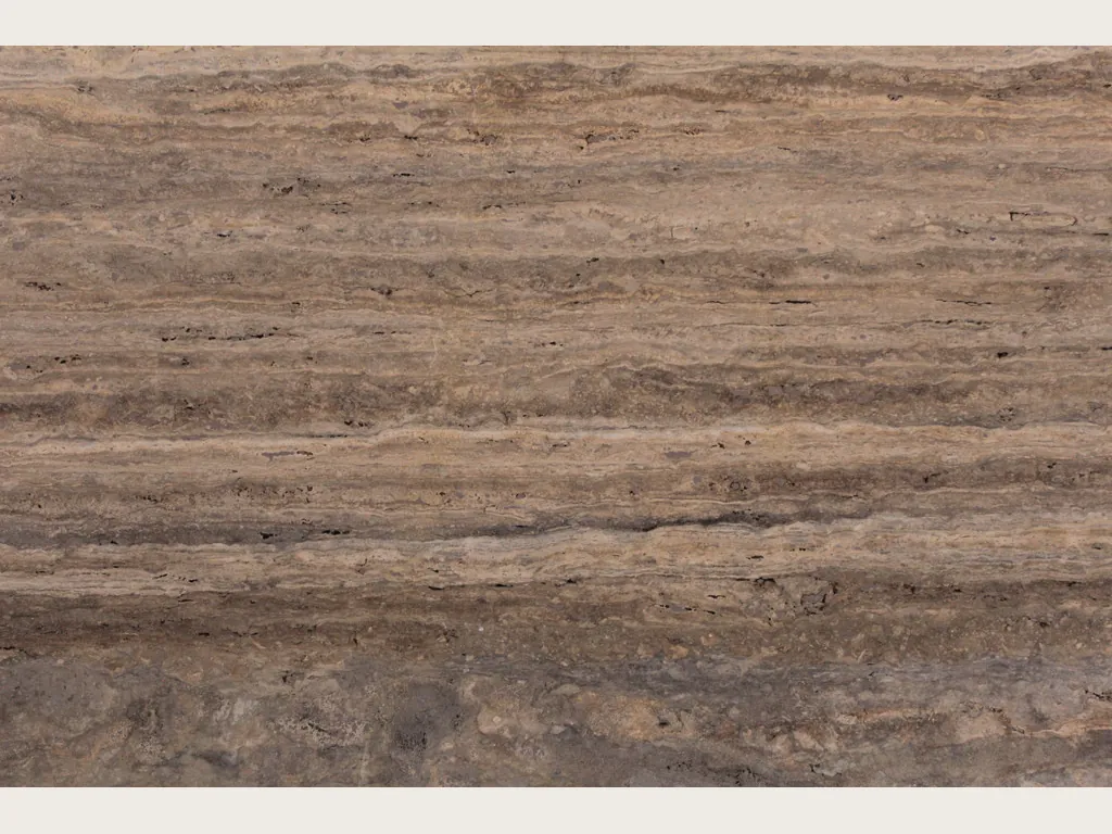 Brown Pantheon travertine slab: brown background with fine horizontal bands in beige and brown