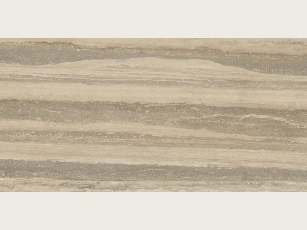 Gray Silver travertine slab: wide, parallel horizontal bands in gray and light beige