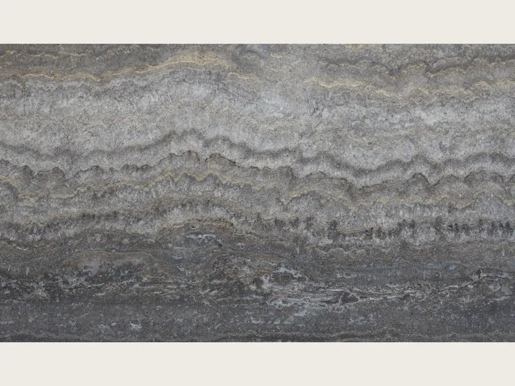 Gray Titanium travertine slab: wavy gray bands that run from light to dark
