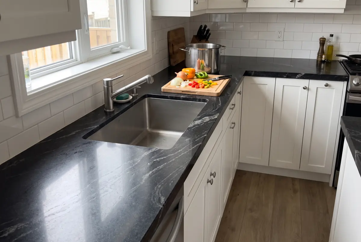 Family kitchen with black granite countertops veined in gray and an undermount sink