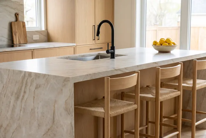 Kitchen island with a Taj Mahal quartzite countertop