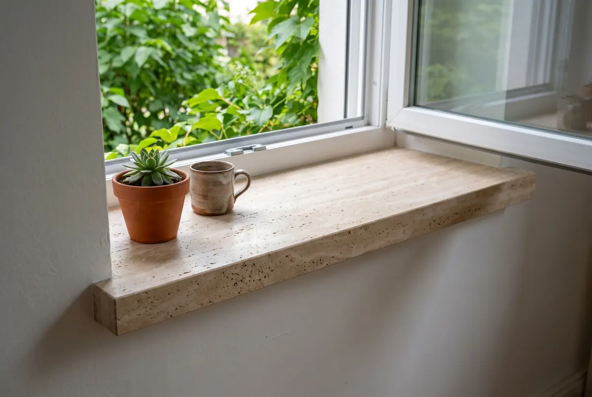 Travertine window sill under an open window with a flower pot and a cup