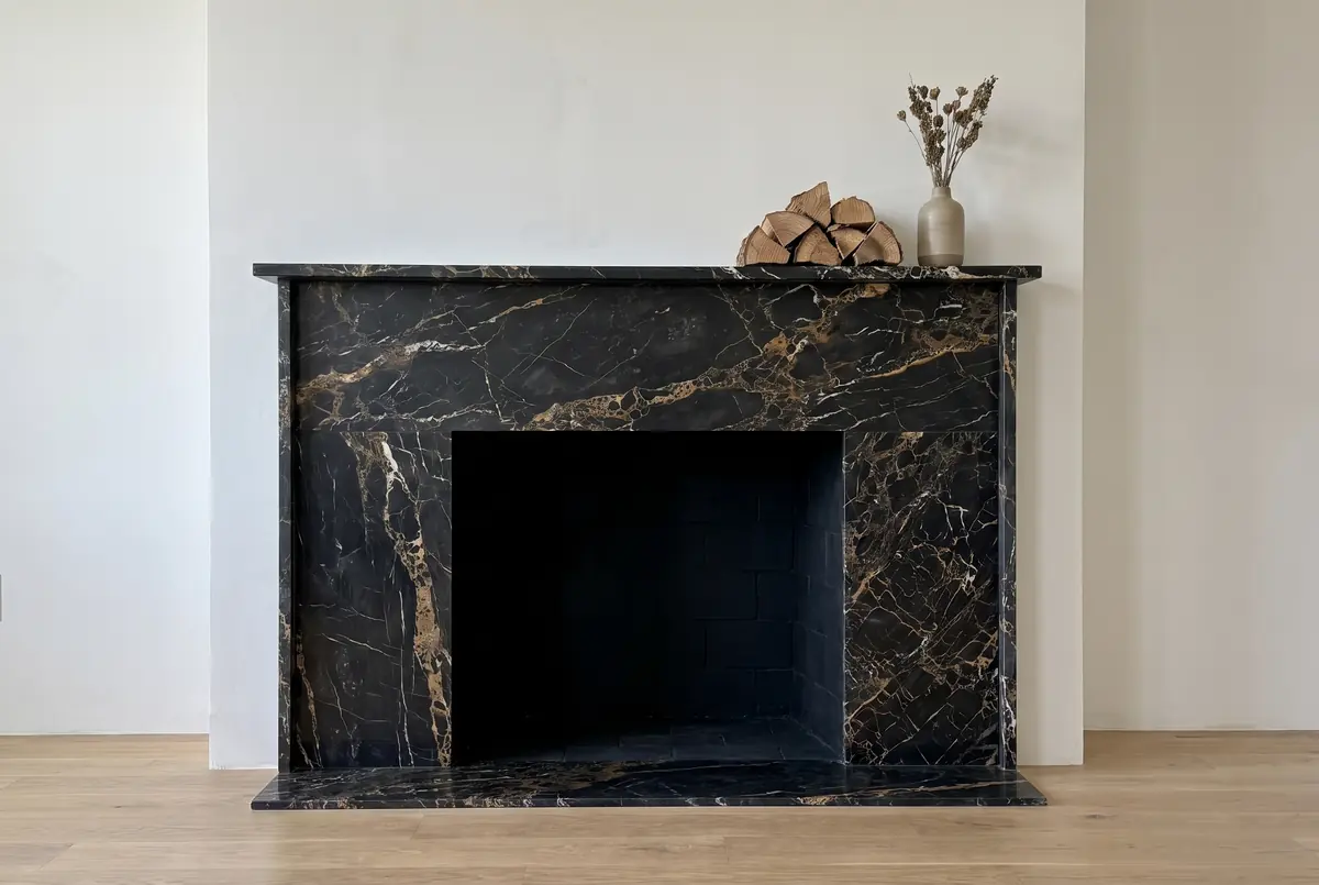 Black marble fireplace surround with golden veining and its mantel shelf