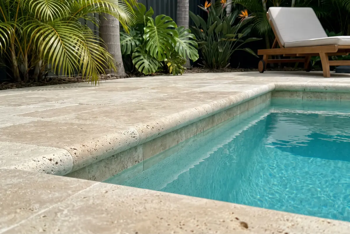 Pool coping and surround in beige Roman travertine: light grayish beige with many open holes of different sizes