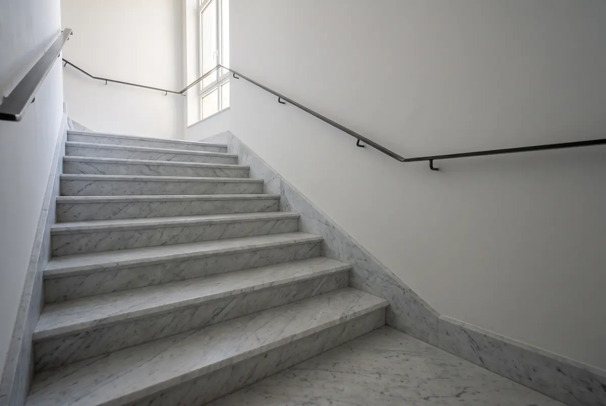 Interior staircase with white Carrara C marble steps: grayish white with fine, parallel gray veins on the diagonal
