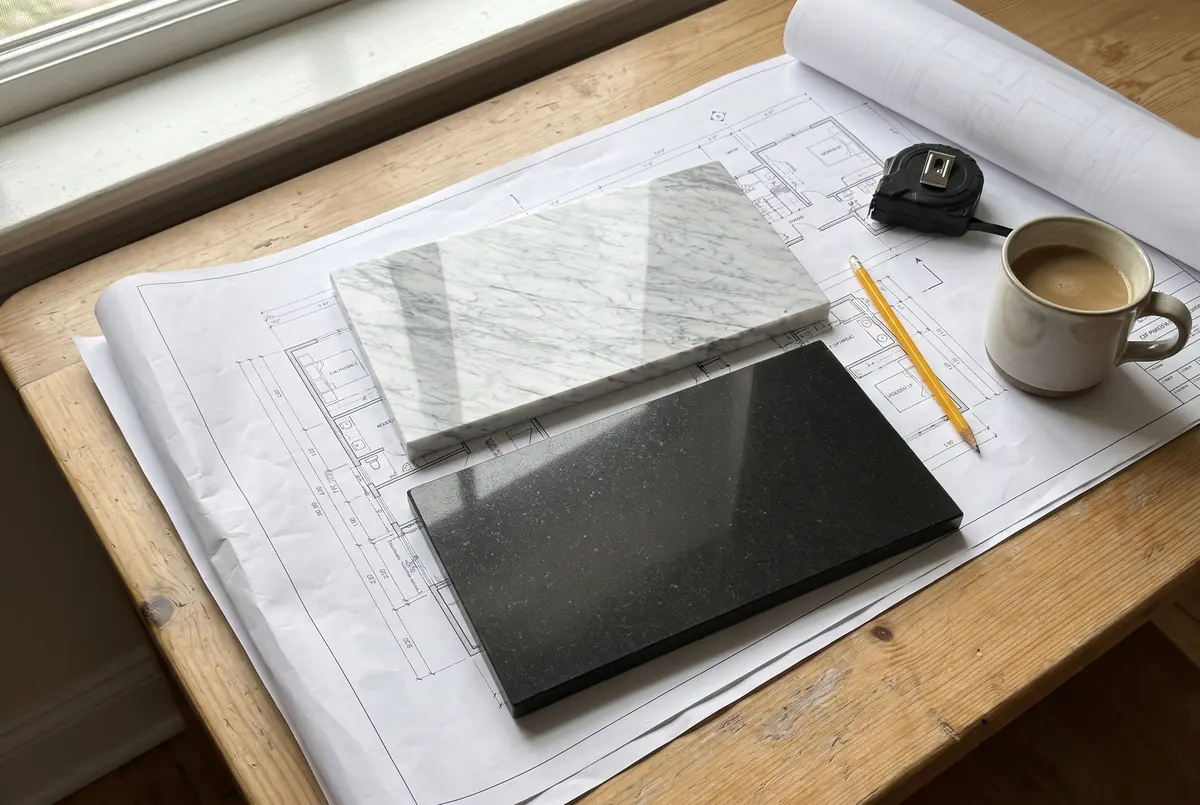 Samples of white marble and black granite on construction drawings