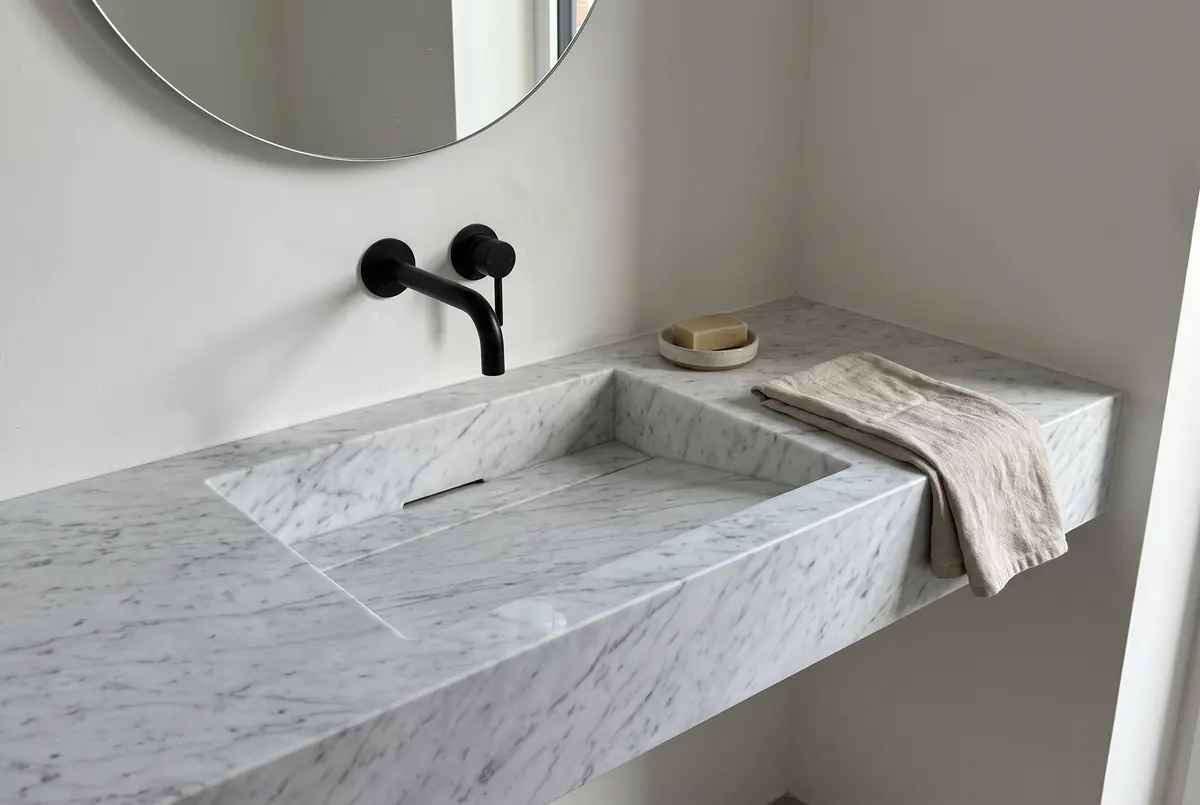 Carrara marble bathroom countertop with the sink carved from the same stone and black wall-mounted faucets