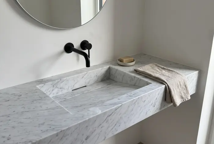 Sink carved into a Carrara marble countertop
