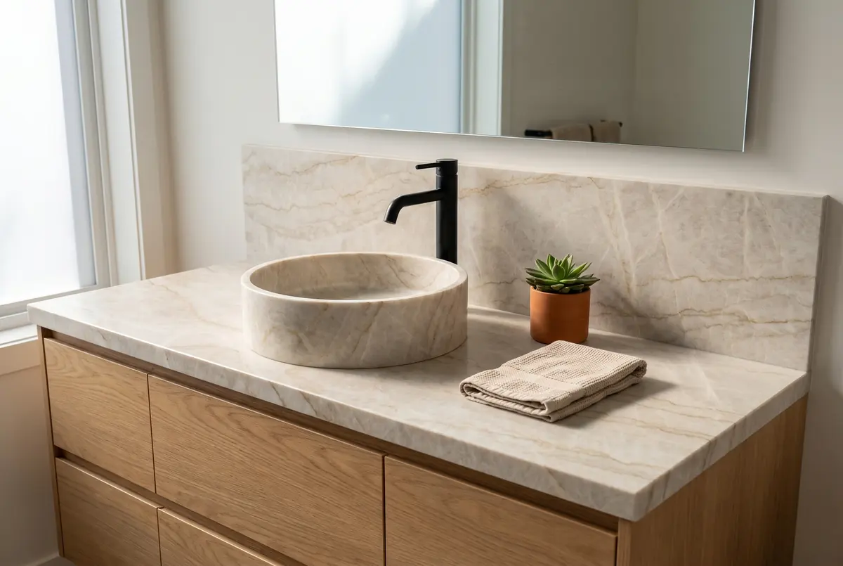 Oak bathroom vanity with a light quartzite countertop and backsplash and a round stone vessel sink on top