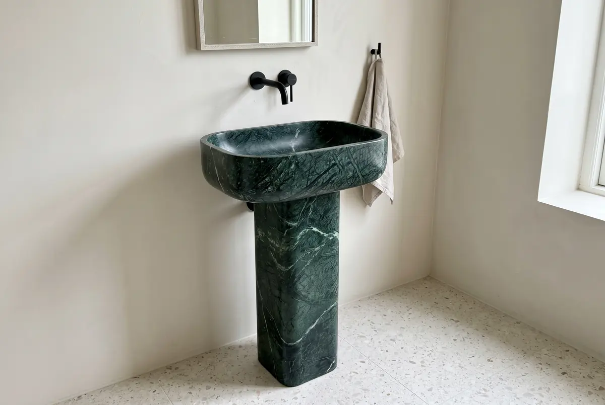 Pedestal sink carved from dark green marble with white veining, basin and column in the same stone