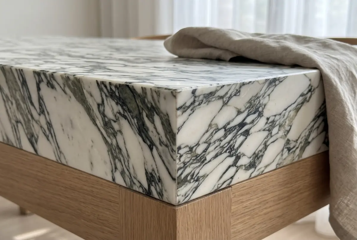 Corner of a white marble table with gray veining, a mitered apron and an oak base