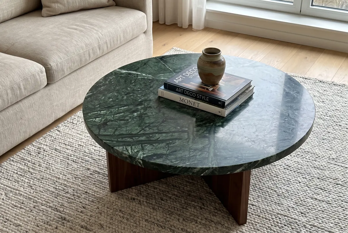 Round coffee table in polished dark green marble on a wooden base, next to a sofa