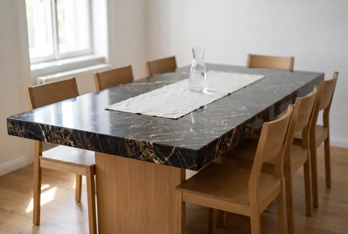 Dining table with a Portoro marble top and wooden chairs