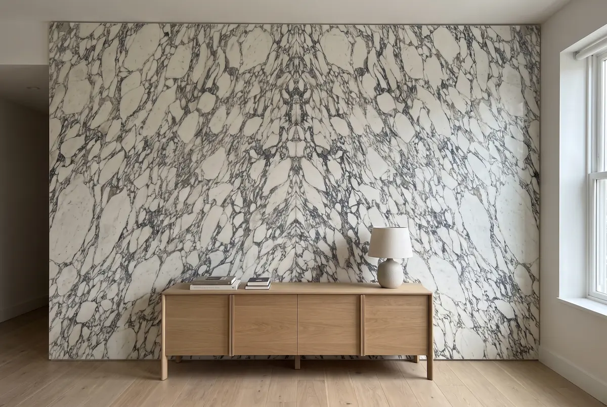 Living room wall clad in bookmatched Arabescato marble slabs