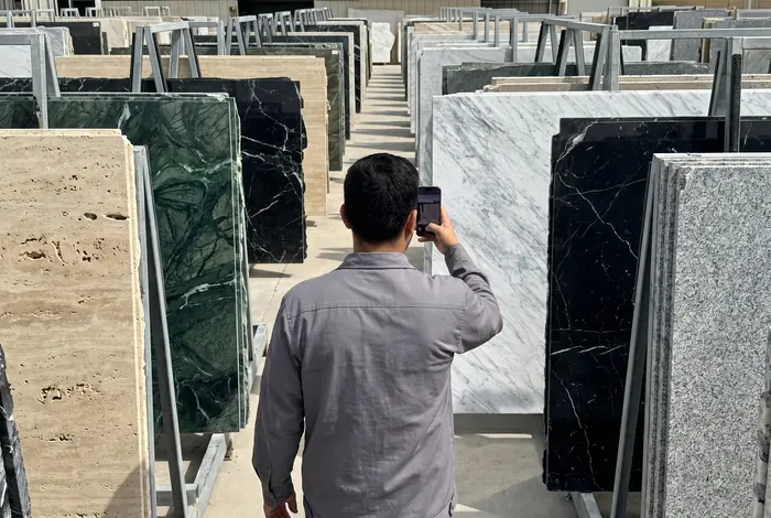 A natural stone slab yard where slabs are chosen