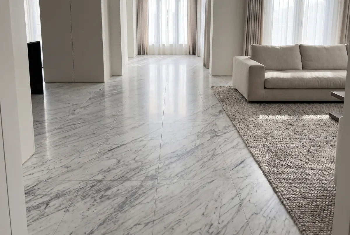 Living room with a polished Carrara marble floor in large-format slabs with thin joints